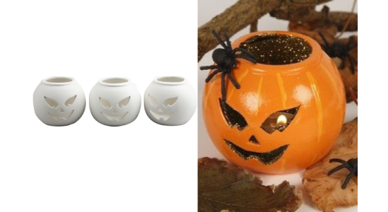 Fyrfadsstage, Halloween Gr�skar. Str.9x9x7,5 cm, hvid. 1 stk.