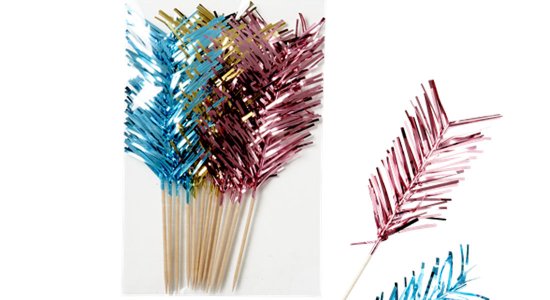 Funky fjer- cocktailpinde i folie. Lkre metallic farver.