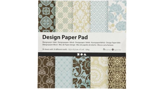 Designpapir i blok 15,2x15,2cm Lysebl/brun.50 ark
