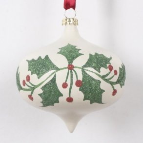 Julekugle, L�gformet, mat cremefarvet med dekoration af kristtj�rn.  8 cm