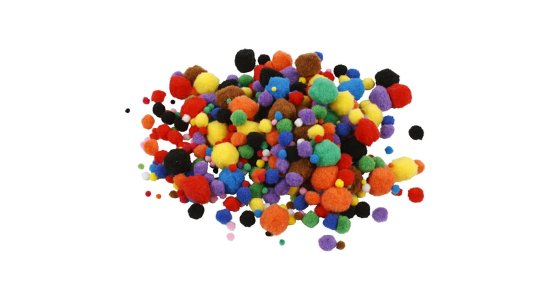 Pomponer, ass. farver. str. 5-40 mm. 42 g