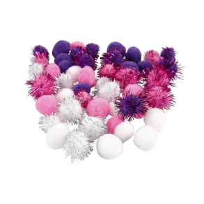 Pomponer. Lilla, lyserd, hvid. 15+20 mm. 48 stk