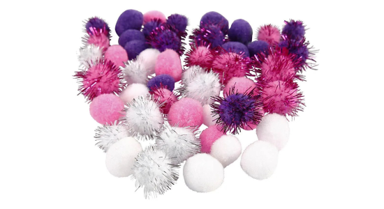 Pomponer. Lilla, lyserd, hvid. 15+20 mm. 48 stk