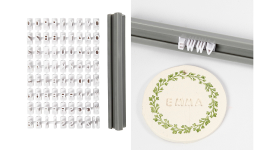 Stempelst til selvhrdende ler. Bogstaver og tal. H: 6 mm