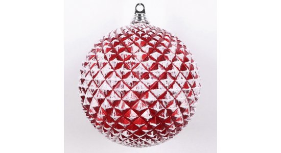 XL julekugle. Perlemor rd med hvid glittersne. Durian.20 cm