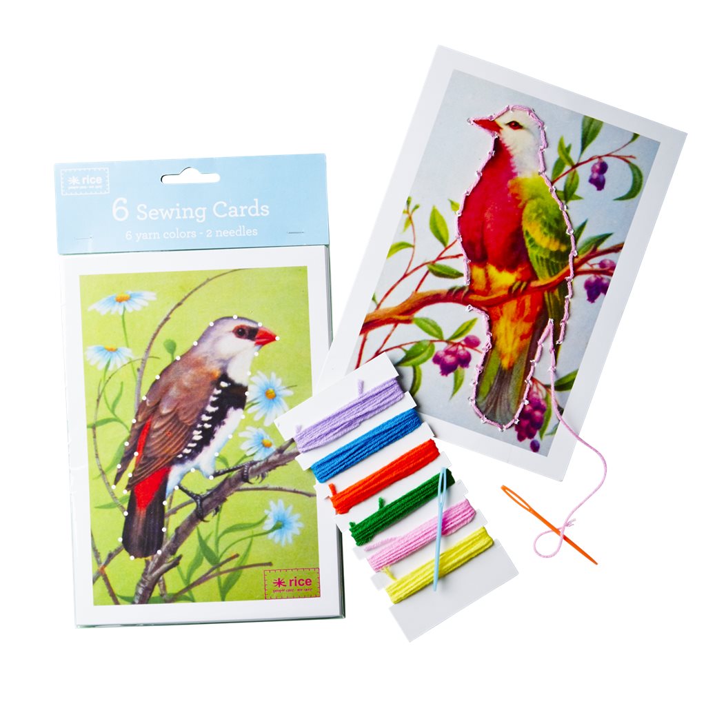 Sykort med smukke fugle, 6 kort med tråd og nåle